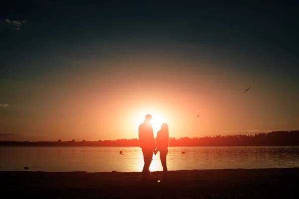 Siluetas Una Pareja Amorosa Hermosa Puesta Sol Lago —  Fotos de Stock