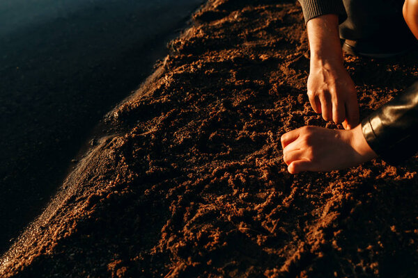 Любящая пара рисует сердце на песке на пляже
