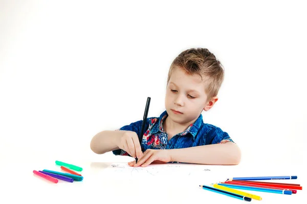 Year Old Boy Blue Shirt Paints Pencils White Background Isolate Royalty Free Stock Images