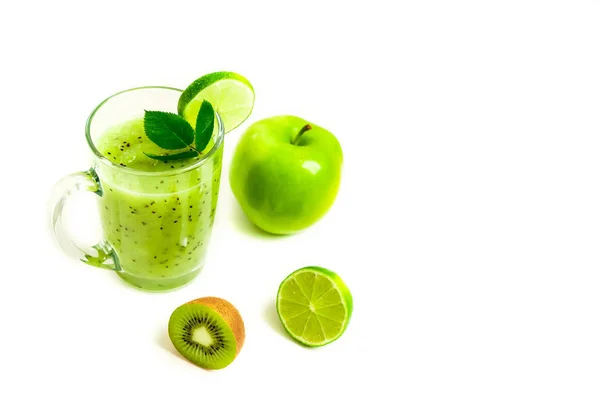 Cóctel Verde Saludable Kiwi Manzana Verde Lima Menta Aislado Sobre — Foto de Stock