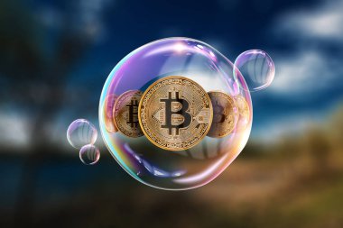 Altın Sikkeler Bitcoin sabun köpüğünün içinde. Kripto para biriminin istikrarsızlığı, elektronik para, kripto para biriminin yakılması..