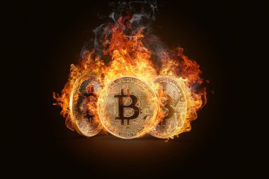 Üç altın paralar Bitcoin karanlık bir arka plan üzerinde ateşli bir alev yanan. Elektronik para, kripto para birimi cinsinden yazma.