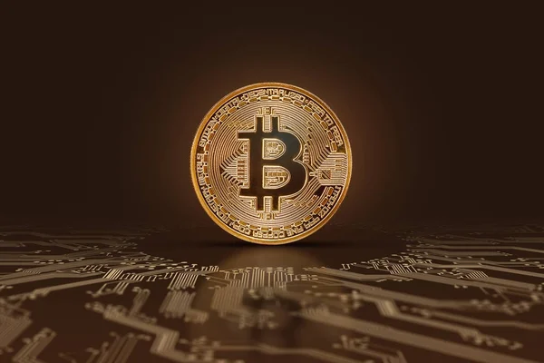 Een Echte Bitcoin Munt Een Digitaal Bord Een Donkere Achtergrond — Stockfoto