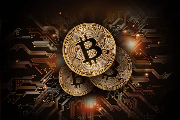 Gouden Munten Bitcoin Achtergrond Van Een Afgedrukte Digitale Bord Elektronisch — Stockfoto