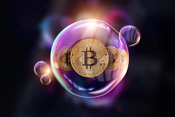 Gouden Munten Bitcoin Een Zeepbel Het Concept Van Instabiliteit Van — Stockfoto