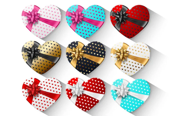 Set Gift Hearts Box Shape Heart Festive Bow Isolated White — Stock Photo, Image