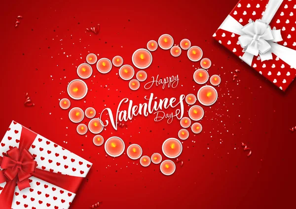 Happy Valentine Day Holiday Banner Lighted Candles Put Form Heart — Stock Photo, Image