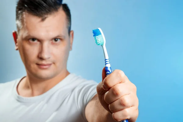 Man Holding Toothbrush Brushing His Teeth Concept Oral Hygiene — Stock Photo, Image