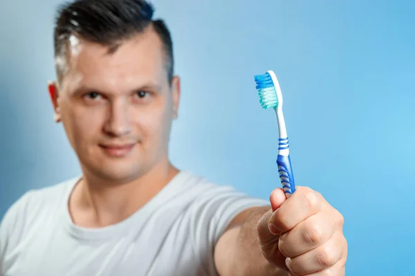 Man Holding Toothbrush Brushing His Teeth Concept Oral Hygiene — Stock Photo, Image