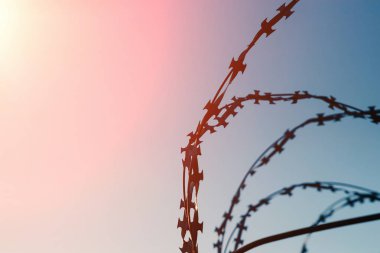 Mavi gökyüzüne karşı dikenli tel yakın çekim. Sonuç, özgürlüğün kısıtlaması.