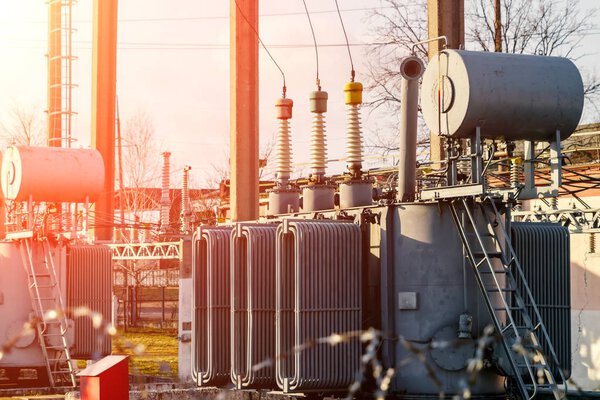 Power plant is a station of transformation. A lot of cables, poles and wires, transformers. Electro-energy.