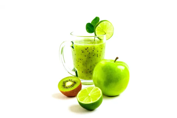 Cocktail Verde Sano Kiwi Mela Verde Lime Menta Isolati Sfondo — Foto Stock