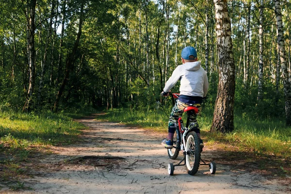 早朝に森の中で自転車に乗っている子供 男の子はヘルメットで屋外サイクリング — ストック写真