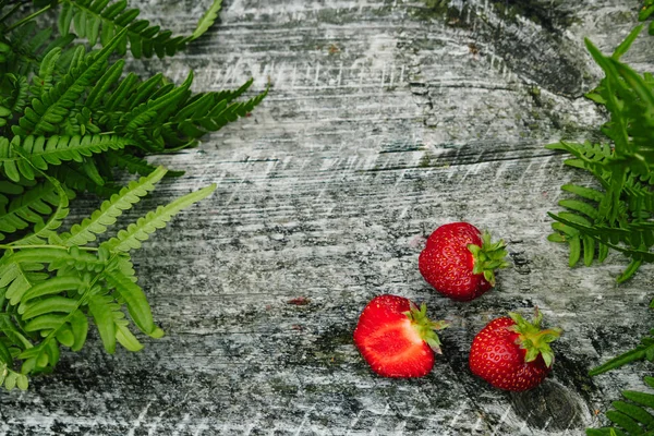 Erdbeere Auf Grauem Holzgrund Farnblätter Erdbeersaison Viel Platz Für Text — Stockfoto