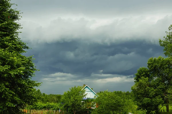 Dark sky before storm with sunlight and green nature in summer.