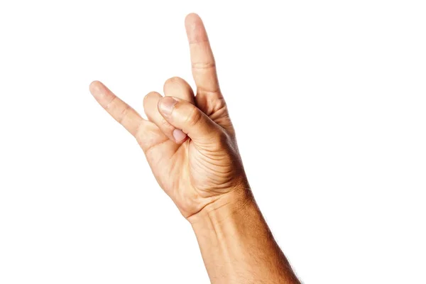 Man Hand Närbild Vit Bakgrund Visar Handen Gest Rock Roll — Stockfoto