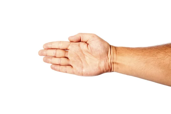 Male Hand Close White Background Shows Hand Gesture Palm Isolate — Stock Photo, Image