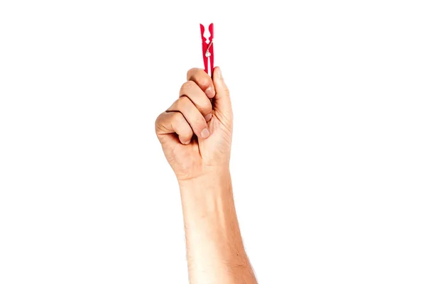 Man Hand Holds Clothespin White Background Isolate — стоковое фото