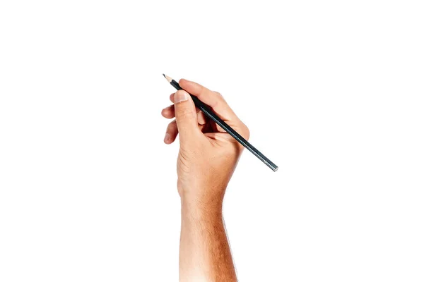 Die Hand Eines Mannes Hält Einen Schwarzen Bleistift Auf Weißem — Stockfoto
