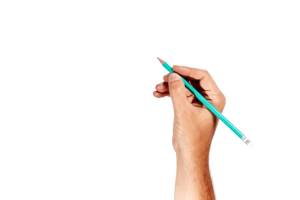 Eine Männliche Hand Hält Einen Bleistift Auf Weißem Hintergrund Isoliert — Stockfoto