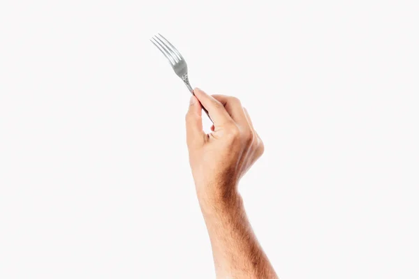 Man Hand Holds Fork White Background Isolate — Stock Photo, Image