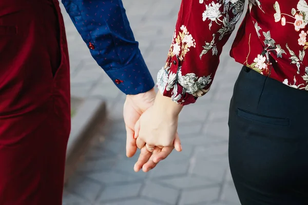 Hands Closeup Loving Couple Romance Love Jeans Concept Idyll — Stock Photo, Image