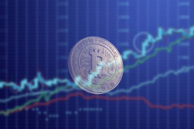 İş çizelgeleri, mavi arka plan arka plan üzerinde altın sikke Bitcoin. Kripto para birimi kavramı. Blockchain teknoloji.