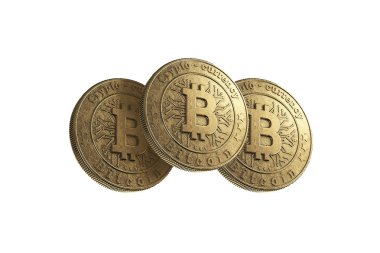 Beyaz zemin üzerine altın sikke Bitcoin. Kripto para birimi kavramı. Blockchain teknoloji.