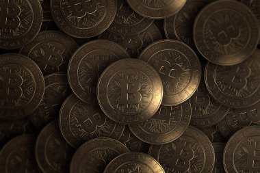 Çoğu altın bitcoin yukarıdan... Kripto para birimi kavramı. Blockchain teknoloji.