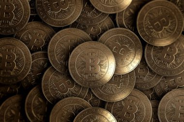 Çoğu altın bitcoin yukarıdan... Kripto para birimi kavramı. Blockchain teknoloji.