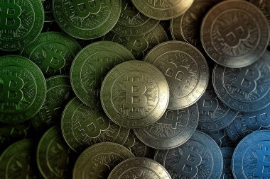 Çoğu altın bitcoin yukarıdan... Kripto para birimi kavramı. Blockchain teknoloji.