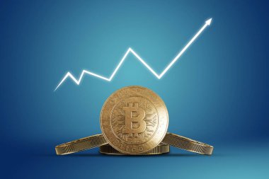 Altın sikke bitcoin mavi bir arka plan üzerinde... Kripto para birimi kavramı. Blockchain teknoloji.