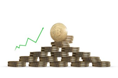 Beyaz zemin üzerine altın sikke Bitcoin. Kripto para birimi kavramı. Blockchain teknoloji.