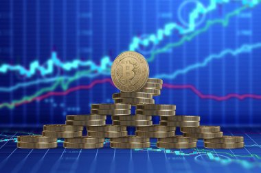 Altın piramitten iş çizelgeleri arka planı bitcoin paralar... Kripto para birimi kavramı. Blockchain teknoloji.