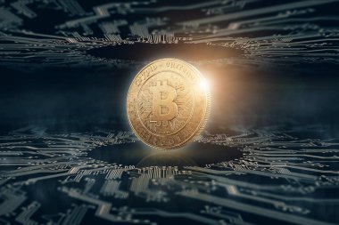 Siyah bir zemin üzerine altın sikke Bitcoin. Kripto para birimi kavramı. Blockchain teknoloji.