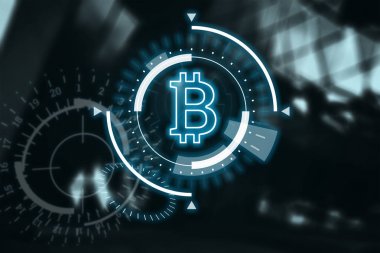 Bulanık koyu arka plan üzerinde bir bitcoin hologram görüntüsü... Kripto para birimi kavramı. blockchain teknoloji. Karışık teknik.