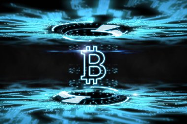 Bulanık koyu arka plan üzerinde bir bitcoin hologram görüntüsü... Kripto para birimi kavramı. blockchain teknoloji. Karışık teknik.