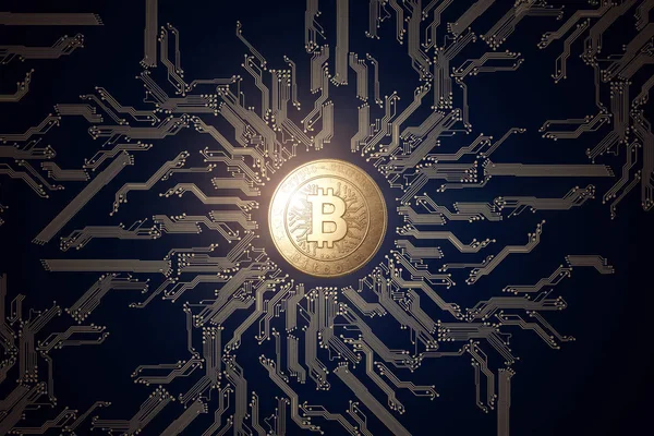 Siyah Bir Zemin Üzerine Altın Sikke Bitcoin Kripto Para Birimi — Stok fotoğraf