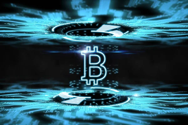 Een Afbeelding Van Een Bitcoin Hologram Een Vage Donkere Achtergrond — Stockfoto
