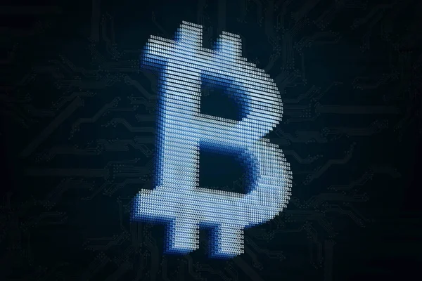 Bulanık Koyu Arka Plan Üzerinde Bir Bitcoin Hologram Görüntüsü Kripto — Stok fotoğraf