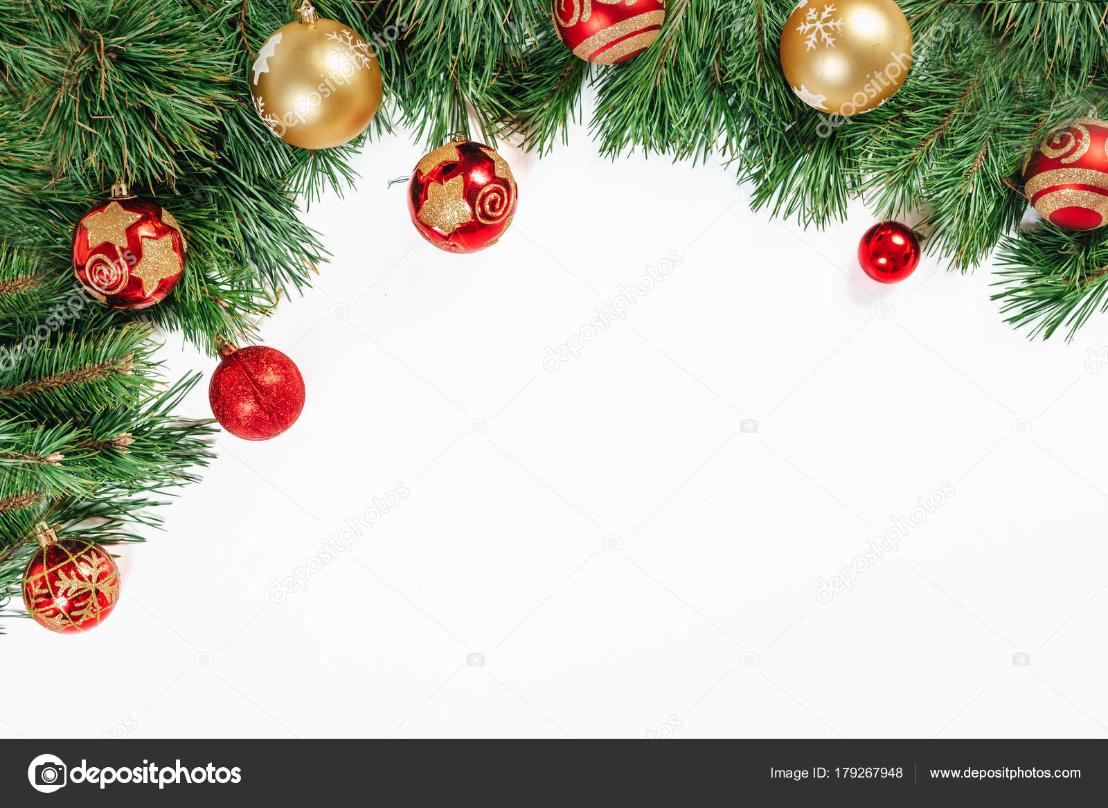 Christmas Frame Tree Branches Gold Red Balls Isolated White Background