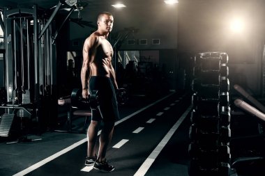 Yakışıklı olan Avrupa görünümünü vücut geliştirmeci, onun elinde dumbbells ile spor salonunda duruyor. Spor eğitim, eğitim, spor salonunda egzersiz fitness kavramı.