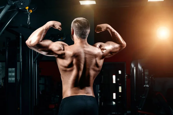 Young Man Standing Strong Gym Flexing Muscles Muscular Athletic Bodybuilder — Stock Photo, Image