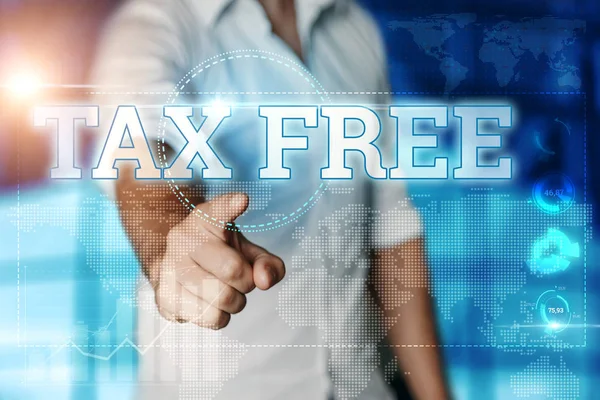 Бізнесмен Натискає Віртуальний Екран Вибирає Tax Free Синій Фон Бізнес — стокове фото