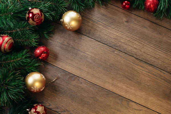 Різдвяні Прикраси Гілки Сосни Дерев Яному Столі Свята Різдвяного Фону — стокове фото