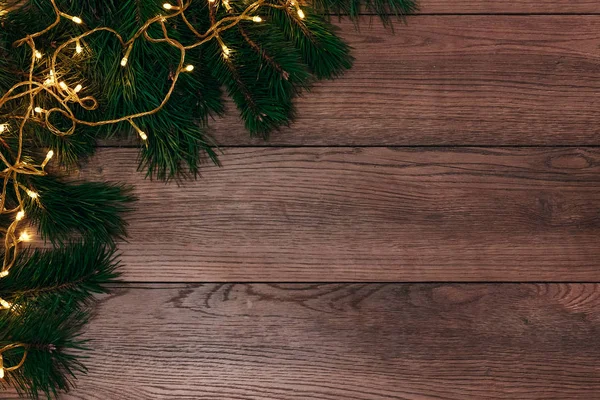 Рамка Гілок Сосни Різдвяних Прикрас Старому Дерев Яному Столі Свята — стокове фото