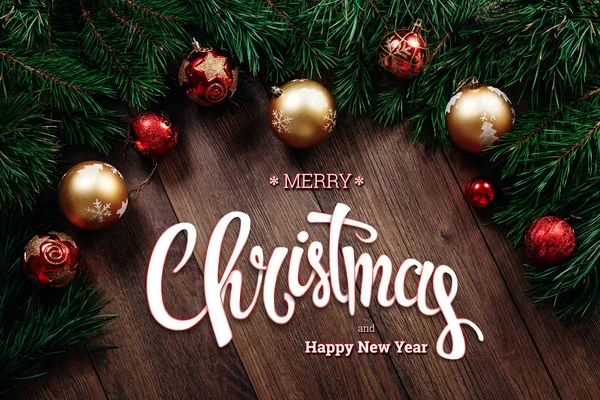 Inscription Merry Christmas Happy New Year Green Spruce Chopping Branches — Stock Photo, Image