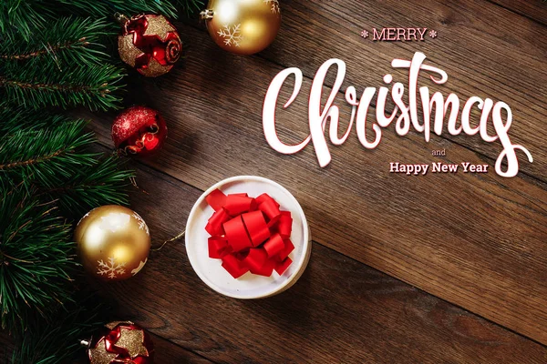 Inscription Merry Christmas Happy New Year Green Spruce Branches Choppers — Stock Photo, Image