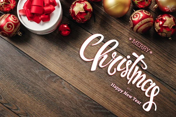 Inscription Merry Christmas Happy New Year Decorations Gifts Wooden Brown — Stock Photo, Image