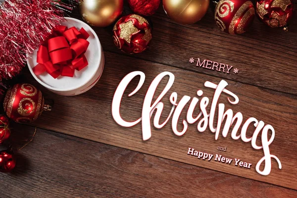 Inscription Merry Christmas Happy New Year Decorations Gifts Wooden Brown — Stock Photo, Image